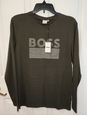 Hugo Boss Kids Long Sleeve Boy's T-Shirt Green Large Chest Logo Tee Size 16Y